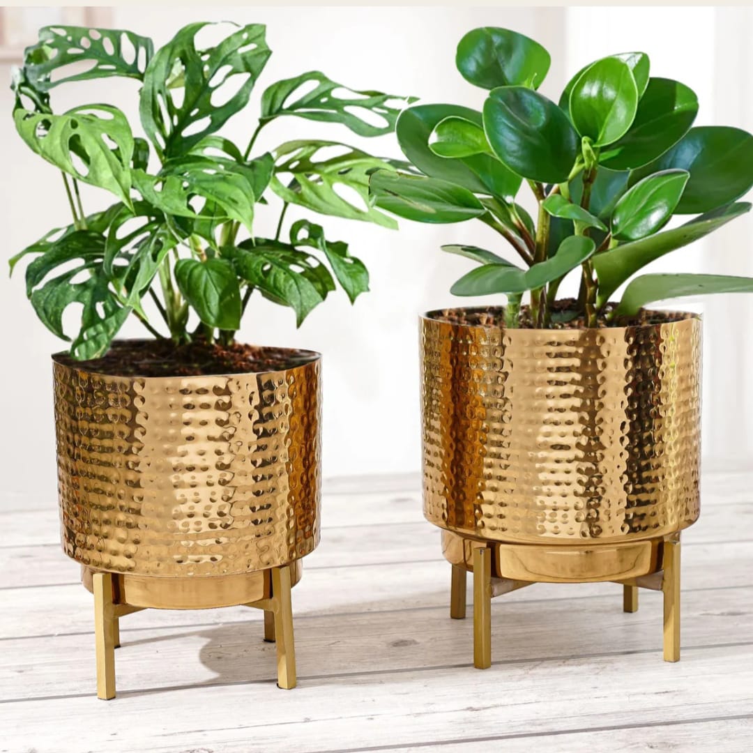 : Set of 2 Golden Hammered Metal Planters with Stands