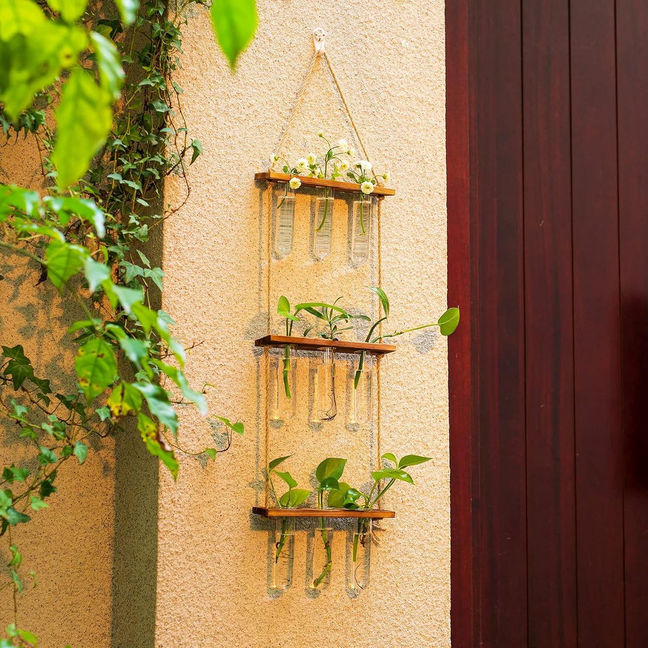 Modern Hanging Test Tube Planter – 3 Tier Wooden Wall Vase with Glass Tubes