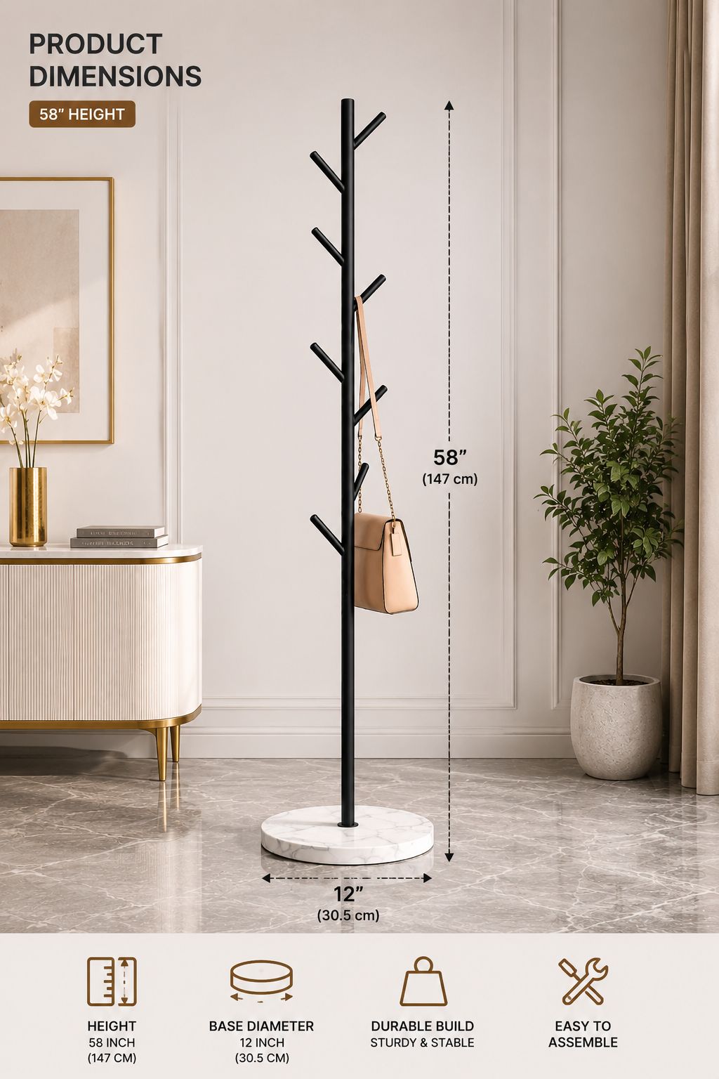 Modern Tree-Shaped Coat Rack Stand | Freestanding Metal Clothes & Bag Hanger with Marble Base | Entryway Organizer