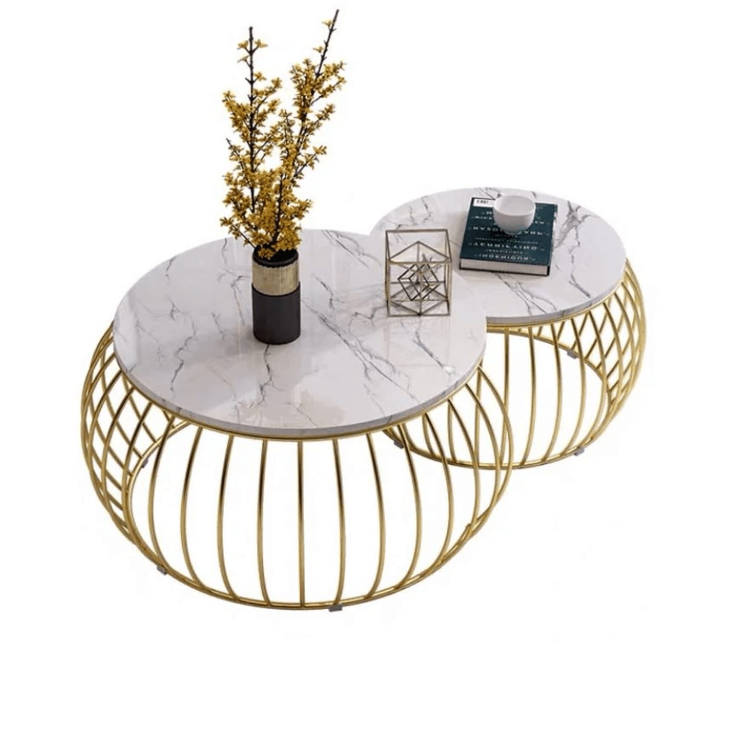 Luxury Round Coffee Table Set with Gold Finish Frame (Set of 2)
