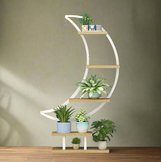 Modern Curved Plant Stand Shelf – Multi Tier Indoor Planter Rack (Wood & Metal Design)