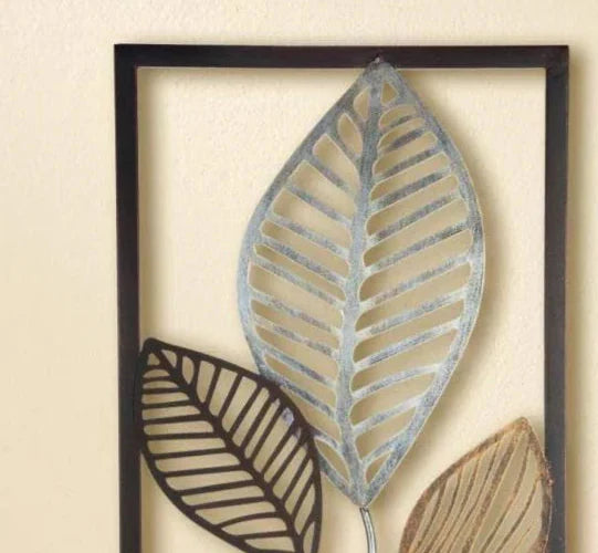 Metal Leaf Wall Relief – 2-Piece Nature-Inspired Wall Art with Gold, Silver & Brown Accents