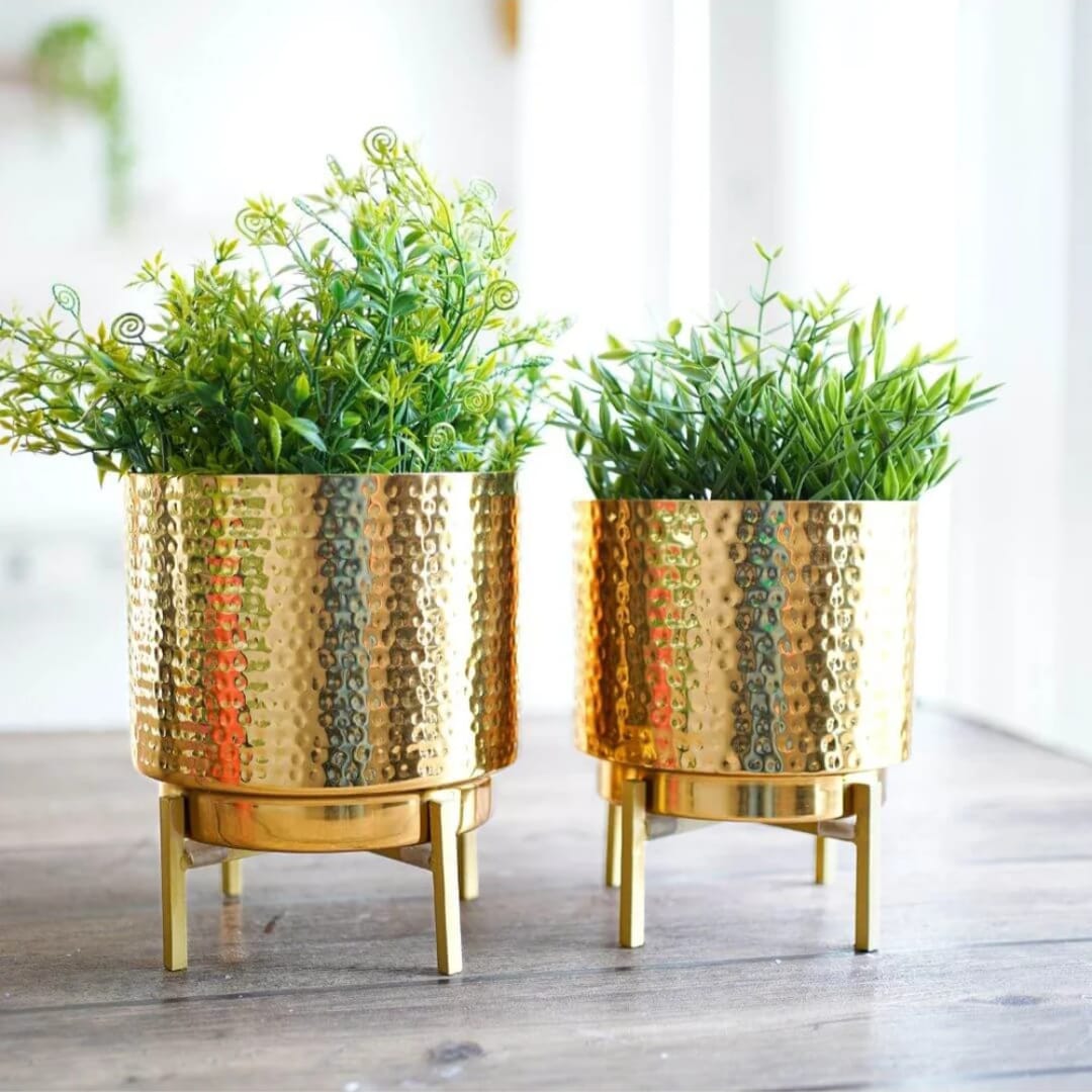 : Set of 2 Golden Hammered Metal Planters with Stands