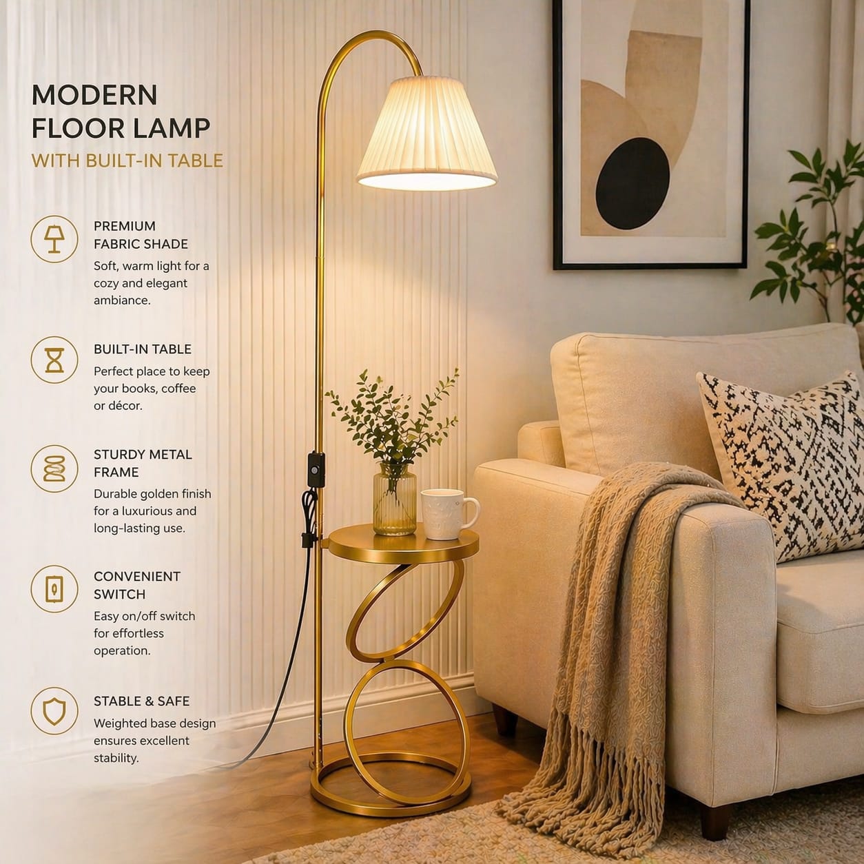 Modern Gold Floor Lamp with Table | Premium Fabric Shade | 56 Inch Standing Lamp