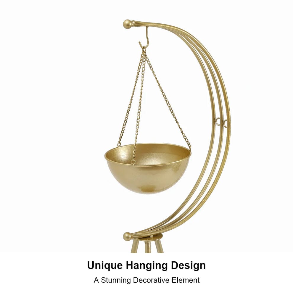 Premium Gold Finish Planter Stand with Elegant Hanging Pot – Perfect Modern Living Room Corner Decor for Stylish and Minimalist Homes