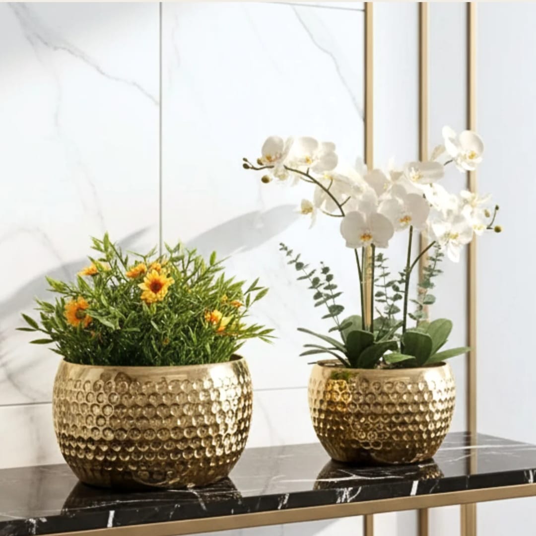 Set of 2 Golden Hammered Metal Decorative Planters
