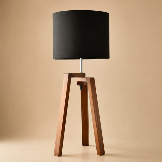 Modern Wooden Tripod Table Lamp with Black Fabric Shade – Minimalist Bedside & Living Room Lamp