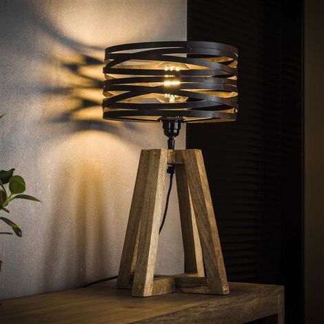 Rustic Wooden Table Lamp with Spiral Metal Shade – Modern Industrial Bedside Light