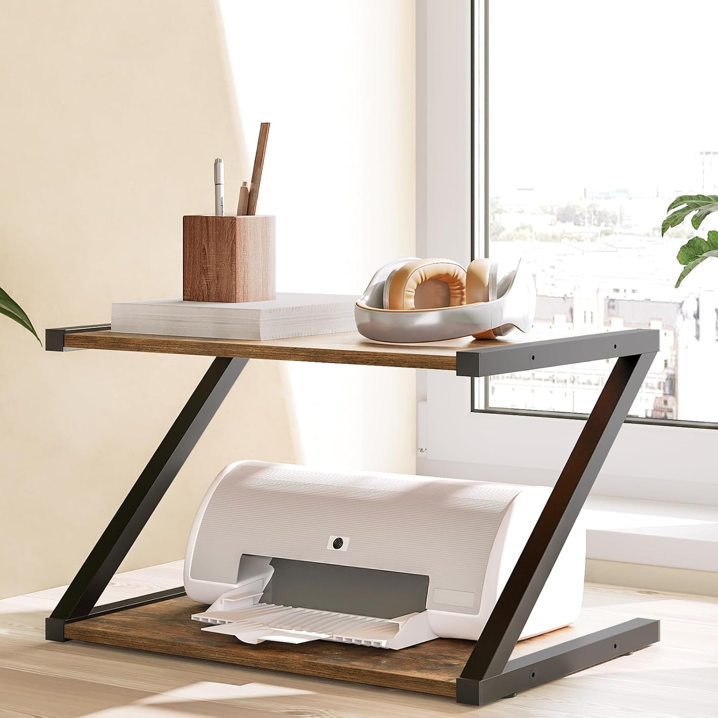 Modern Wooden Desk Organizer Stand – Multipurpose Printer & Workspace Storage Shelf
