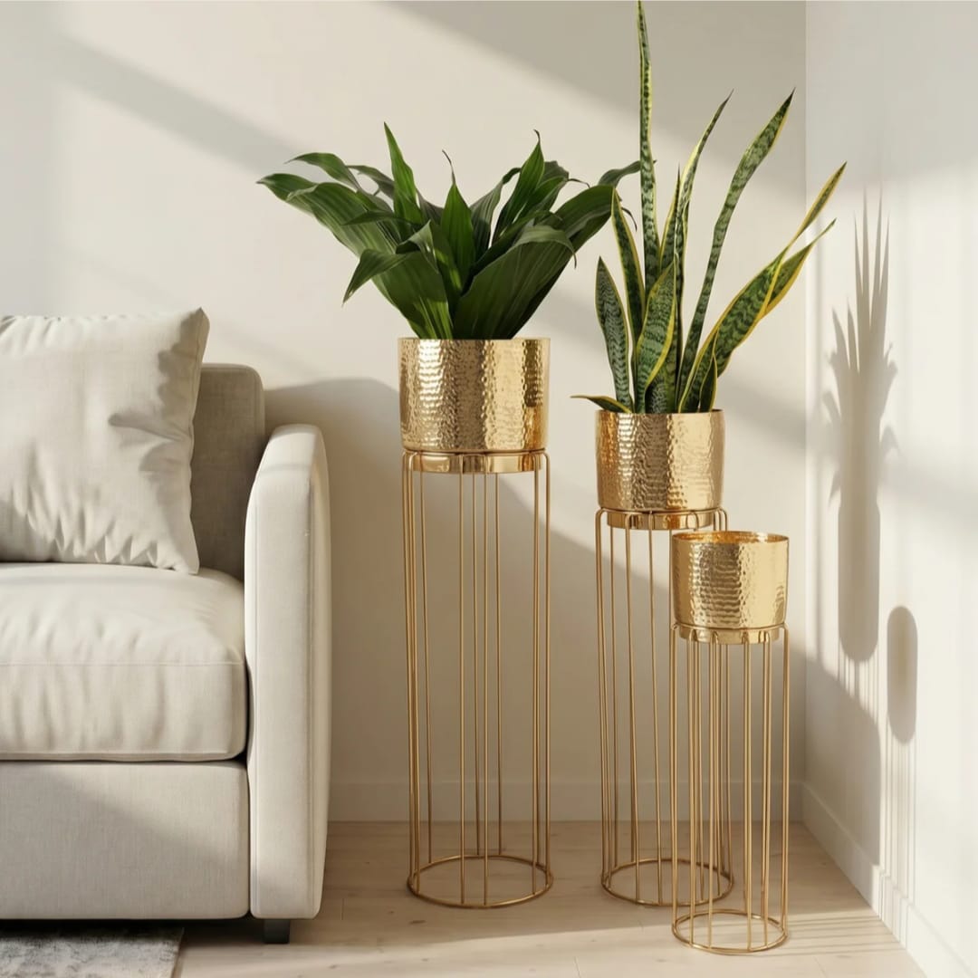 Set of 3 Golden Metal Planter Stands with Decorative Pots