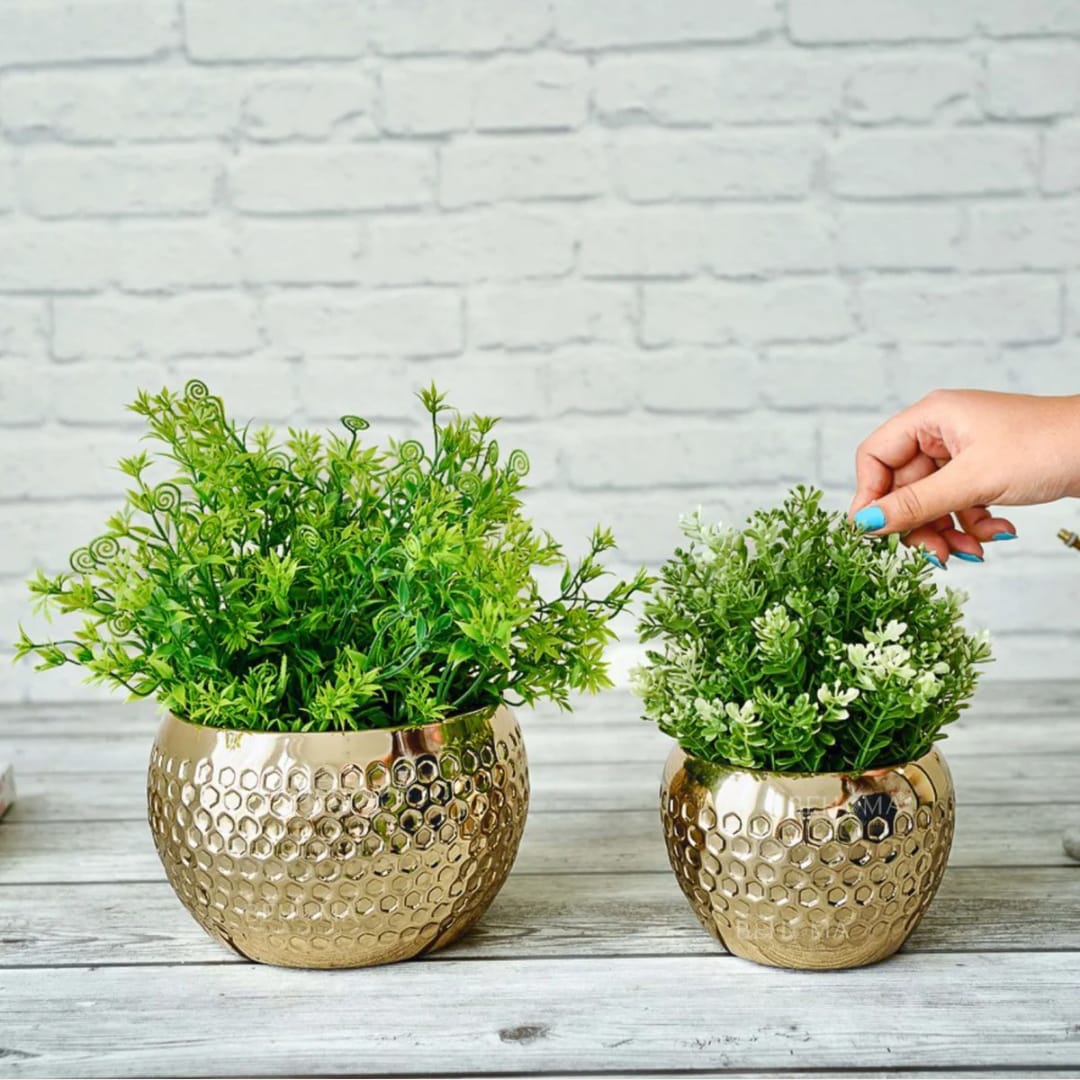 Set of 2 Golden Hammered Metal Decorative Planters