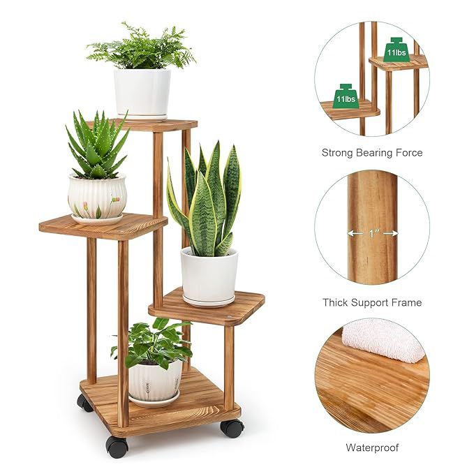 Rustic Wooden 3-Tier Plant Stand with Wheels | Mobile Flower Pot Rack | Multi-Level Indoor & Outdoor Plant Display Shelf