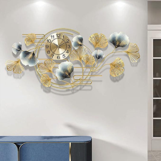 Luxury Gold & Silver Ginkgo Leaf Metal Wall Clock | Modern Decorative Wall Clock for Living Room, Bedroom & Office