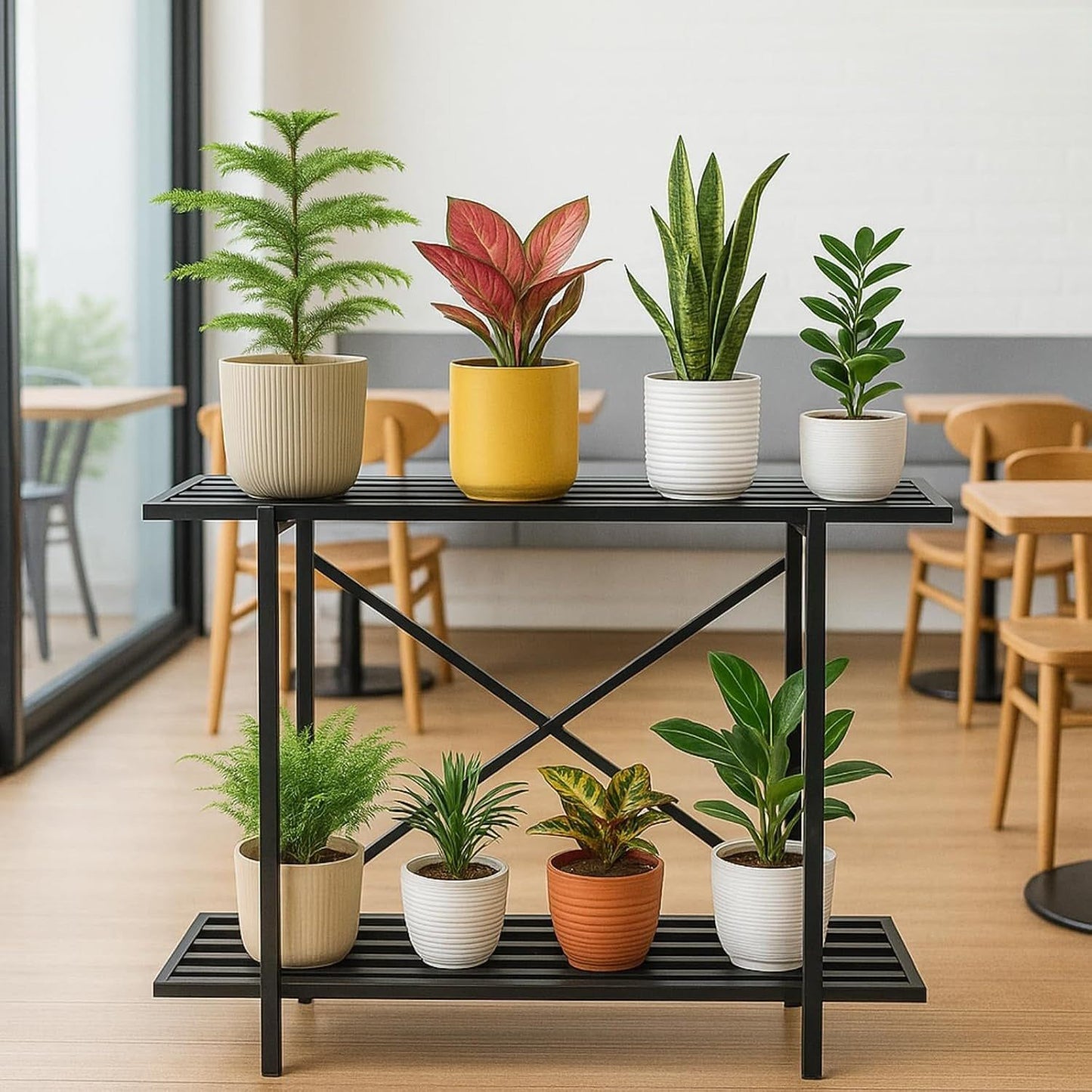 Industrial 2-Tier Metal Plant Stand Shelf | Multi-Purpose Flower Pot Display Rack | Indoor & Outdoor Plant Organizer