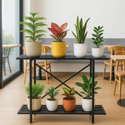 Industrial 2-Tier Metal Plant Stand Shelf | Multi-Purpose Flower Pot Display Rack | Indoor & Outdoor Plant Organizer