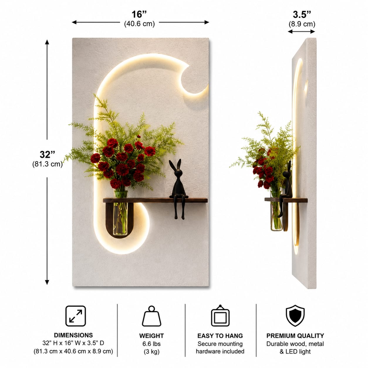 Modern LED Wall Art Shelf with Vase Holder | Luxury Illuminated Decorative Wall Panel | Contemporary Floating Shelf for Home Décor
