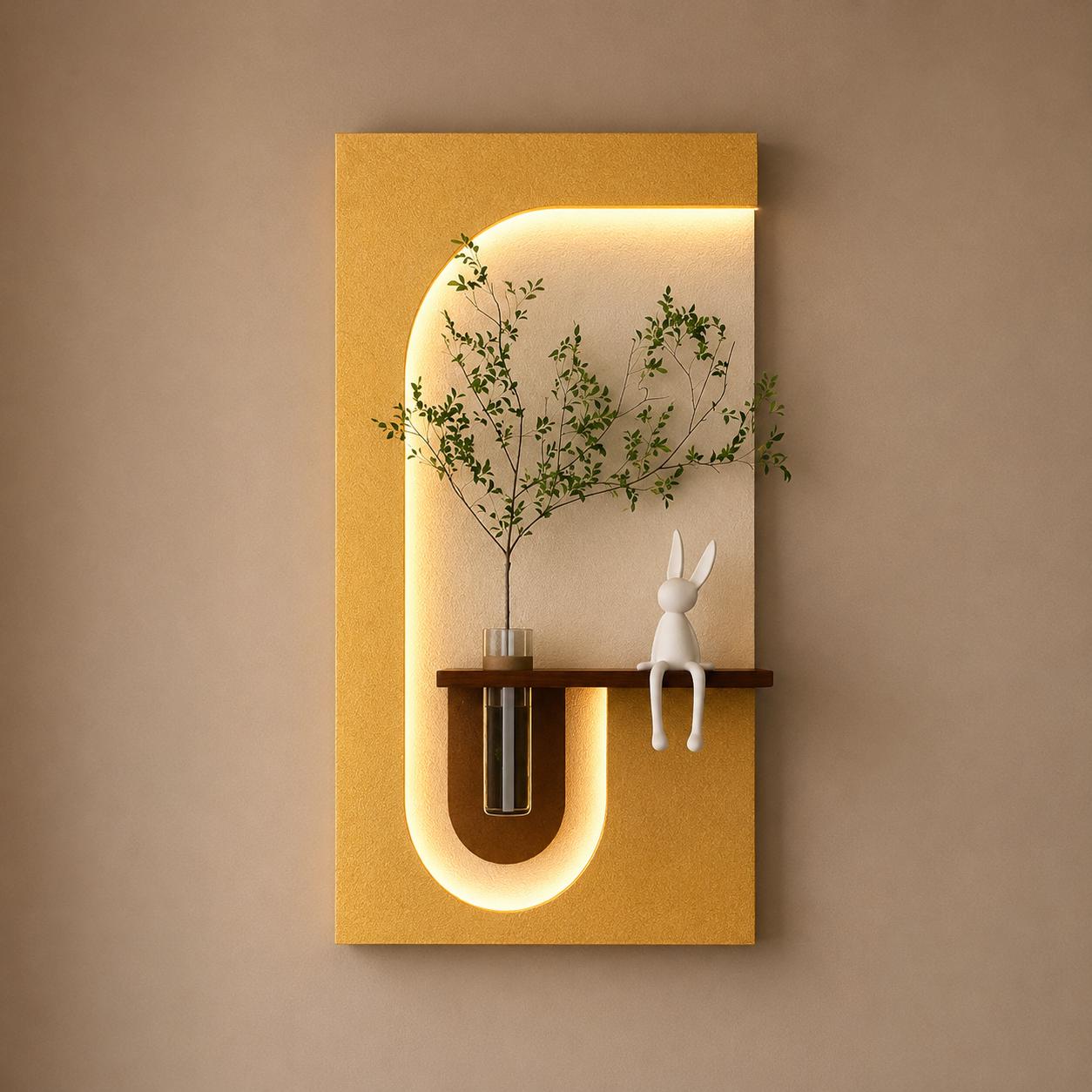Modern LED Wall Décor Shelf with Plant Vase & Artistic Design Panel”