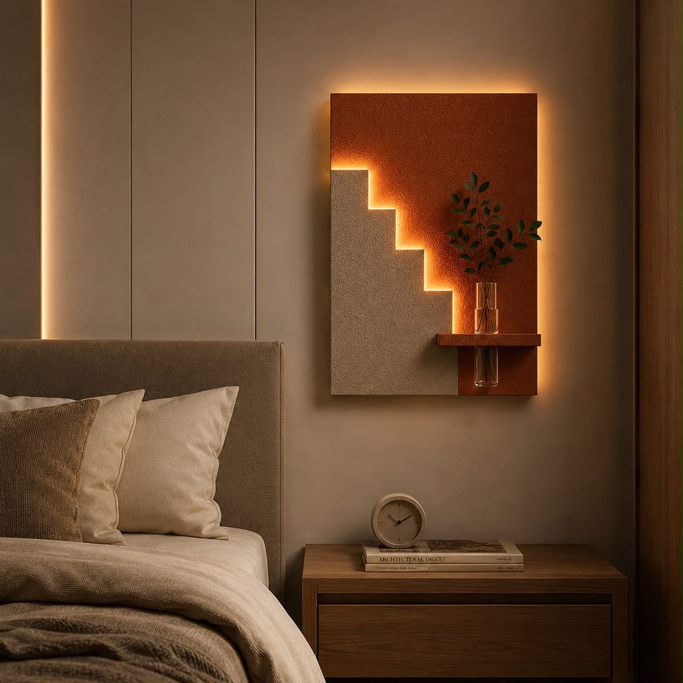 Modern Geometric LED Wall Decor with Wooden Vase Shelf | Contemporary Minimalist Wall Art