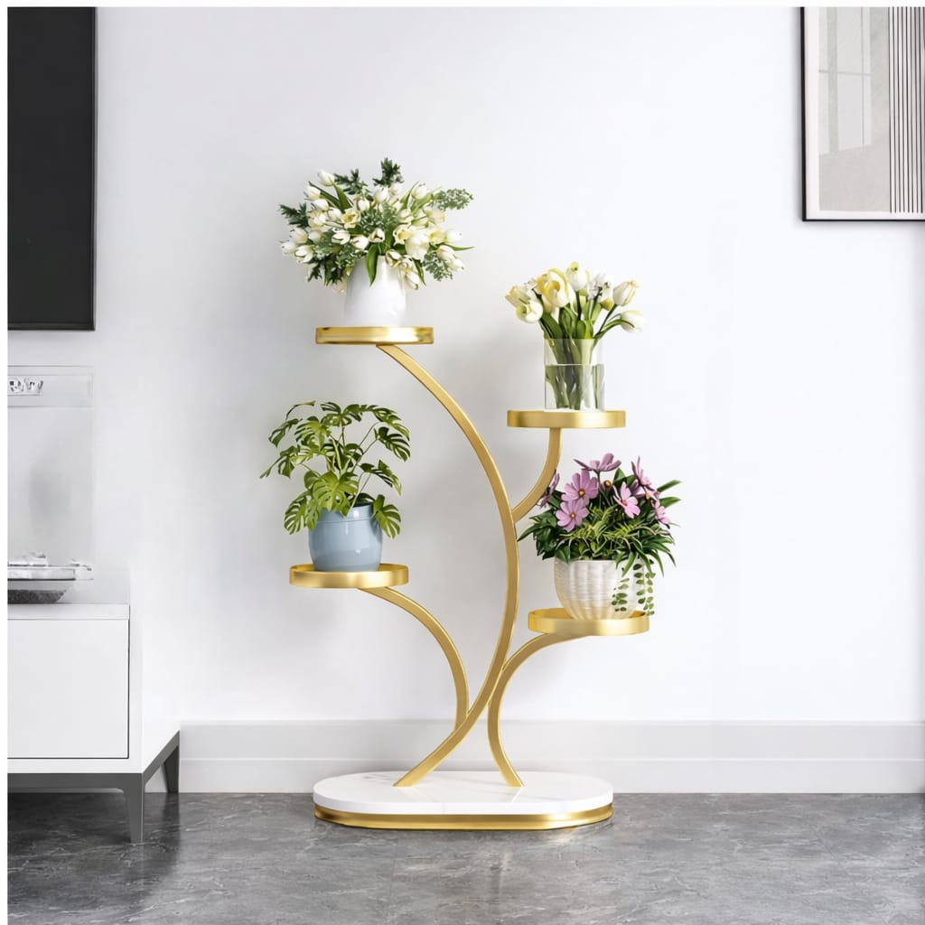 “Stylish Golden 4 Layer Plant Stand – Perfect for Living Room & Home Decor”