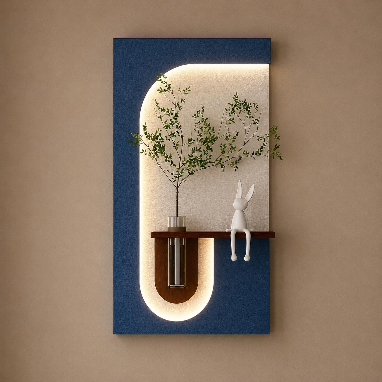 Modern LED Wall Décor Shelf with Plant Vase & Artistic Design Panel”