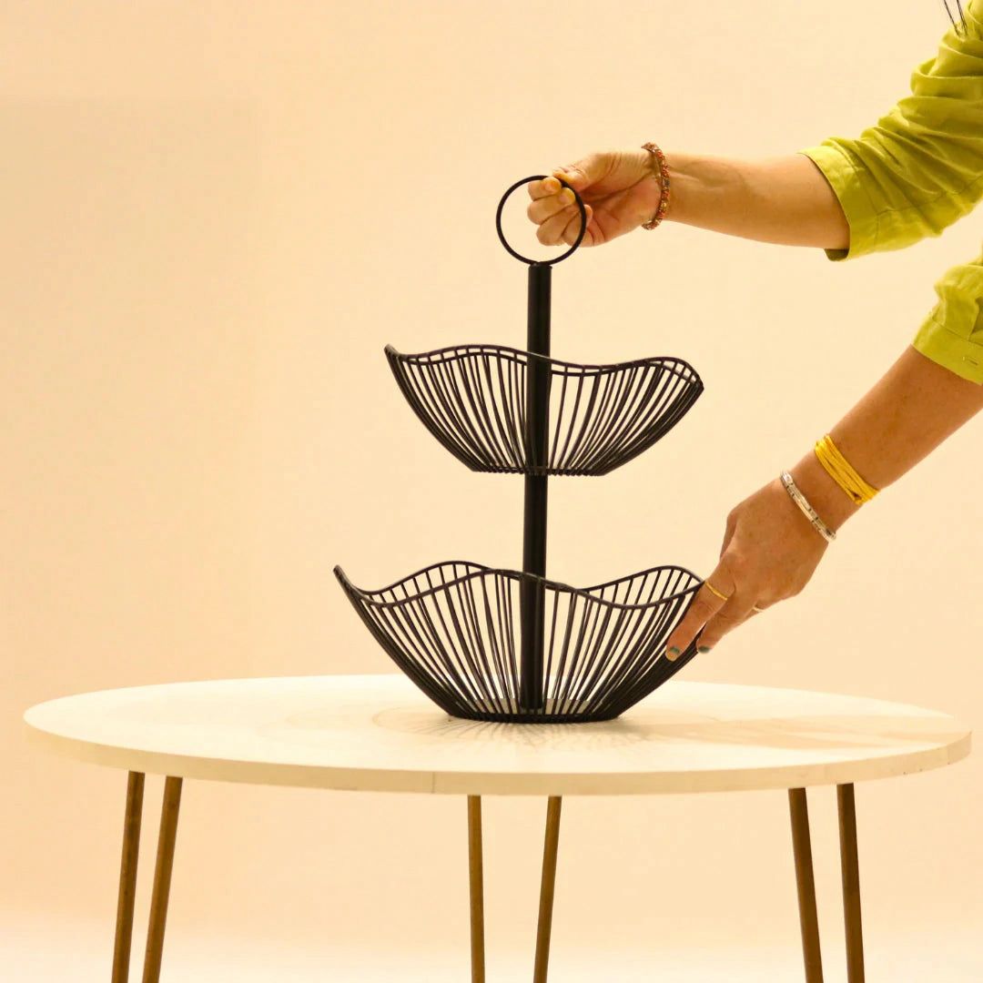 2-Tier Black Metal Fruit Basket Stand – Modern Countertop Organizer