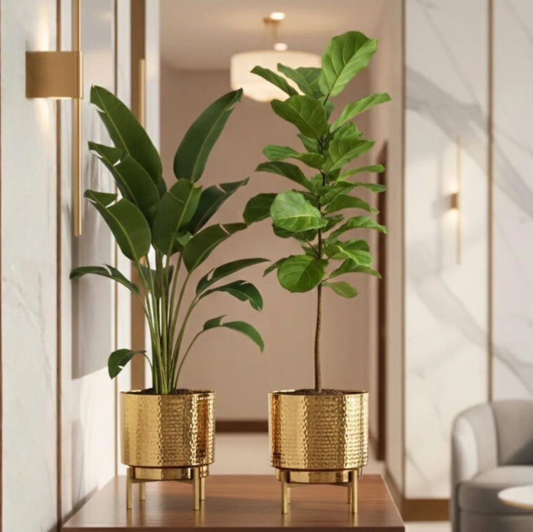 : Set of 2 Golden Hammered Metal Planters with Stands
