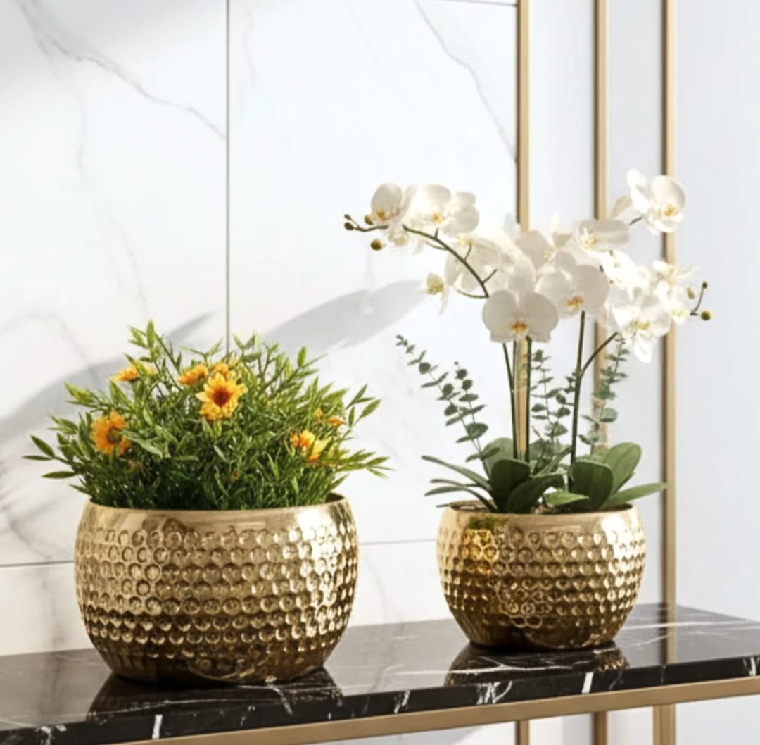 Set of 2 Golden Hammered Metal Decorative Planters