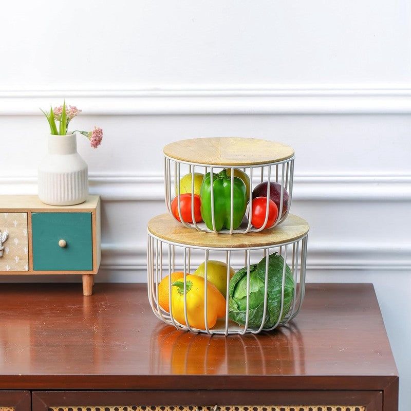White Metal Fruit Basket Set with Wooden Lid – 2-Piece Storage Organizer