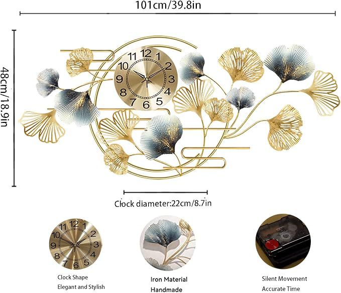 Luxury Gold & Silver Ginkgo Leaf Metal Wall Clock | Modern Decorative Wall Clock for Living Room, Bedroom & Office