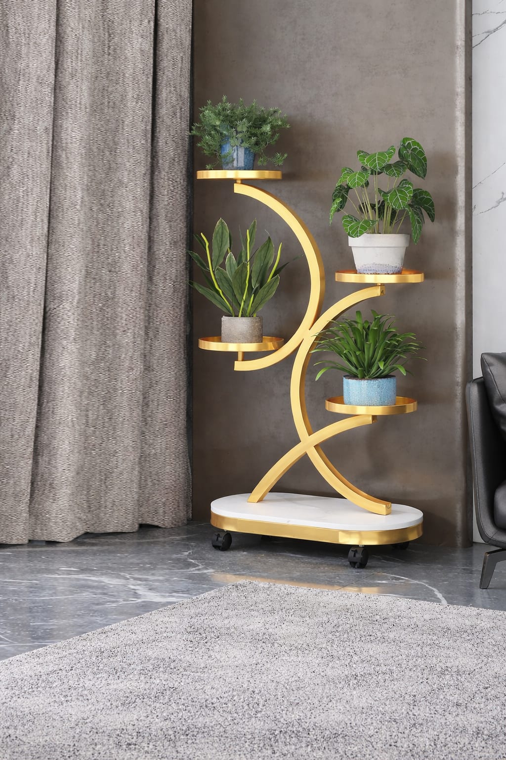 “Modern Luxury Golden 4-Tier Plant Stand with Wheels for Living Room Decor”