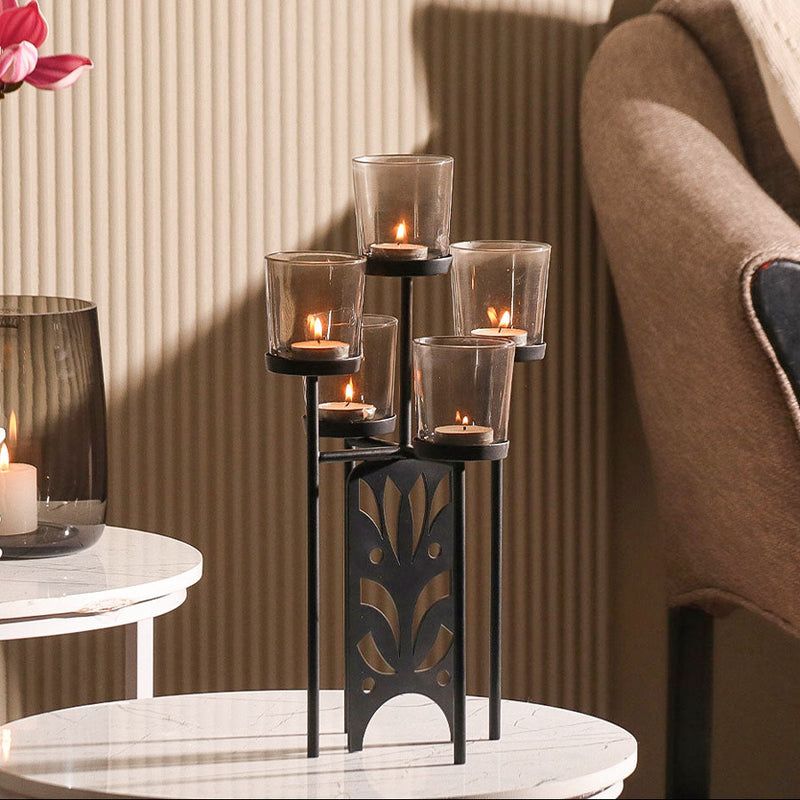 5-Light Metal Candle Holder with Glass Cups – Modern Tabletop Centerpiece