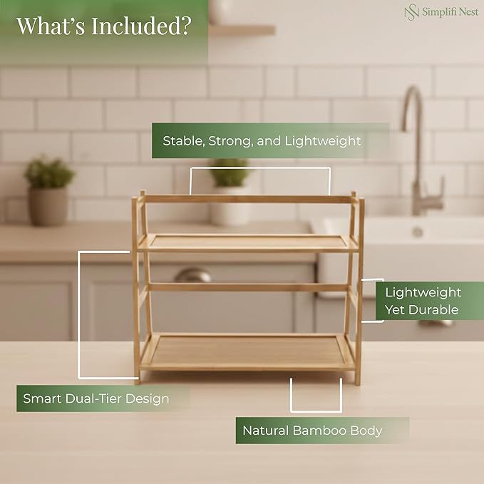 2-Tier Bamboo Countertop Organizer Shelf – Kitchen & Bathroom Storage Rack