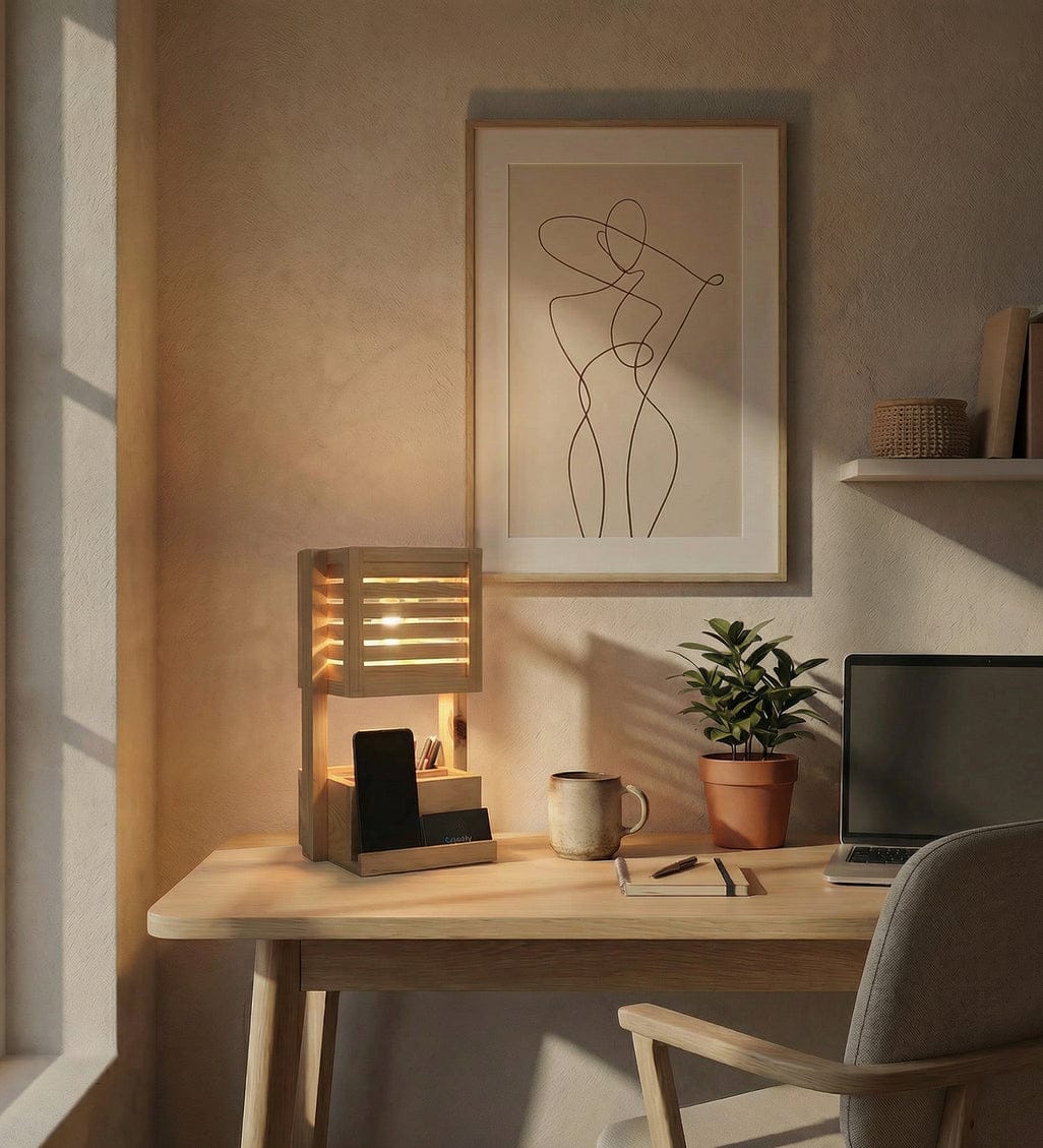 Wooden Table Lamp with Mobile Holder & Pen Stand | Modern Desk Organizer Lamp