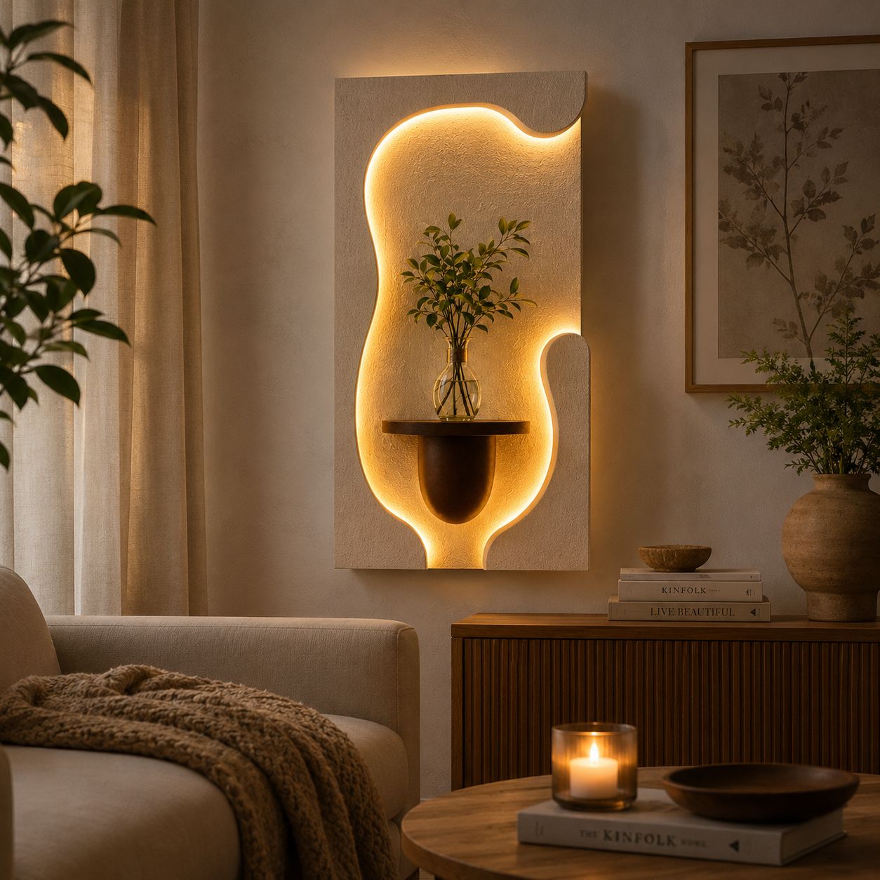 Modern LED Wall Shelf with Vase Holder – Decorative MDF Wooden Wall Art for Living Room