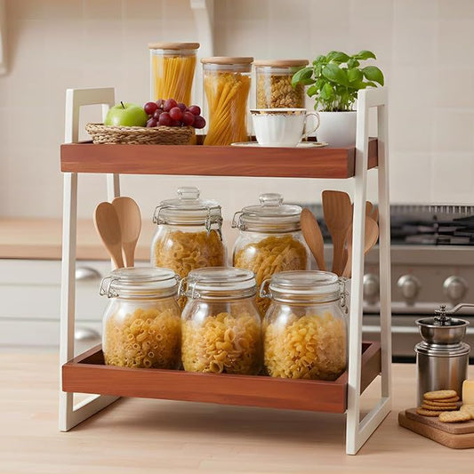 2-Tier Kitchen Counter Organizer Shelf – Wooden & Metal Storage Rack
