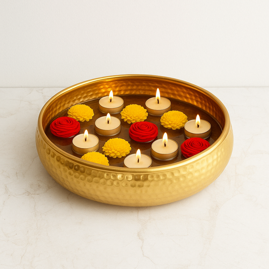 Hand Hammered Brass Urli Bowl – 33 cm Decorative Diya / Floating Candle Bowl for Home & Diwali Decor