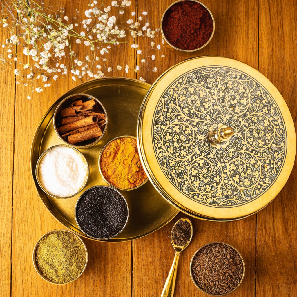Golden Metal Masala Spice Box with 7 Containers & Spoon