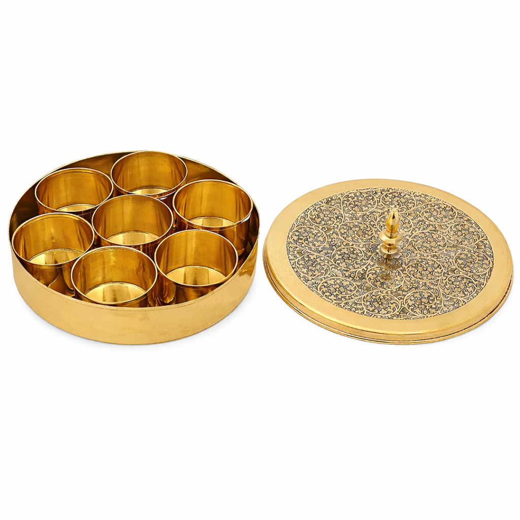 Golden Metal Masala Spice Box with 7 Containers & Spoon