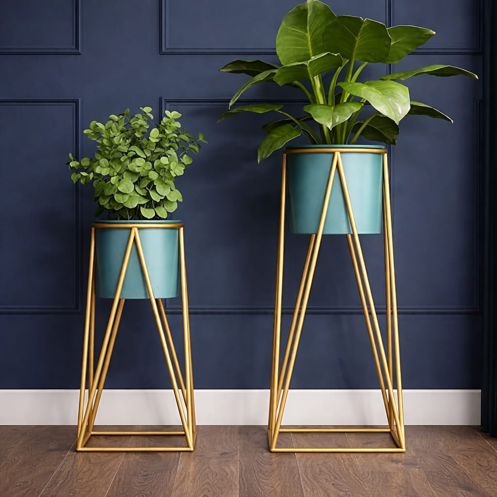 Premium Metal Plant Stand with Decorative Planter | Indoor/Outdoor Flower Pot Stand (Set of 2 Sizes)