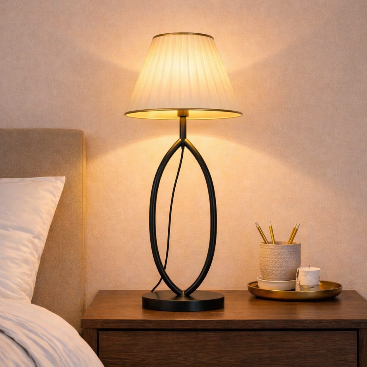 Modern Black Table Lamp with Fabric Shade | Elegant Bedside Lamp 24 Inch