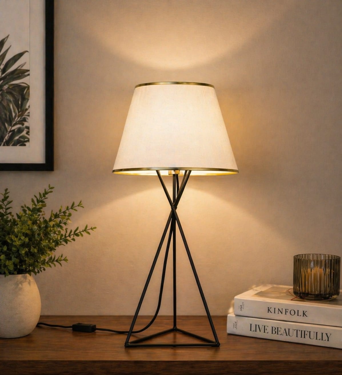 Modern Black Table Lamp with Fabric Shade | Geometric Metal Base 24 Inch