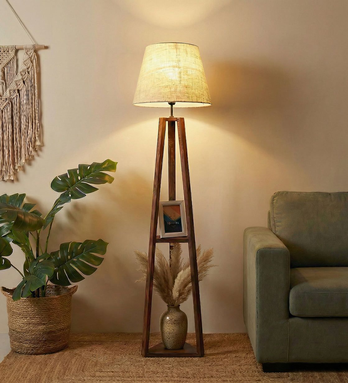 Modern Wooden Floor Lamp with Fabric Shade | Decorative Standing Lamp for Living Room, Bedroom & Office | 60 Inch Tall