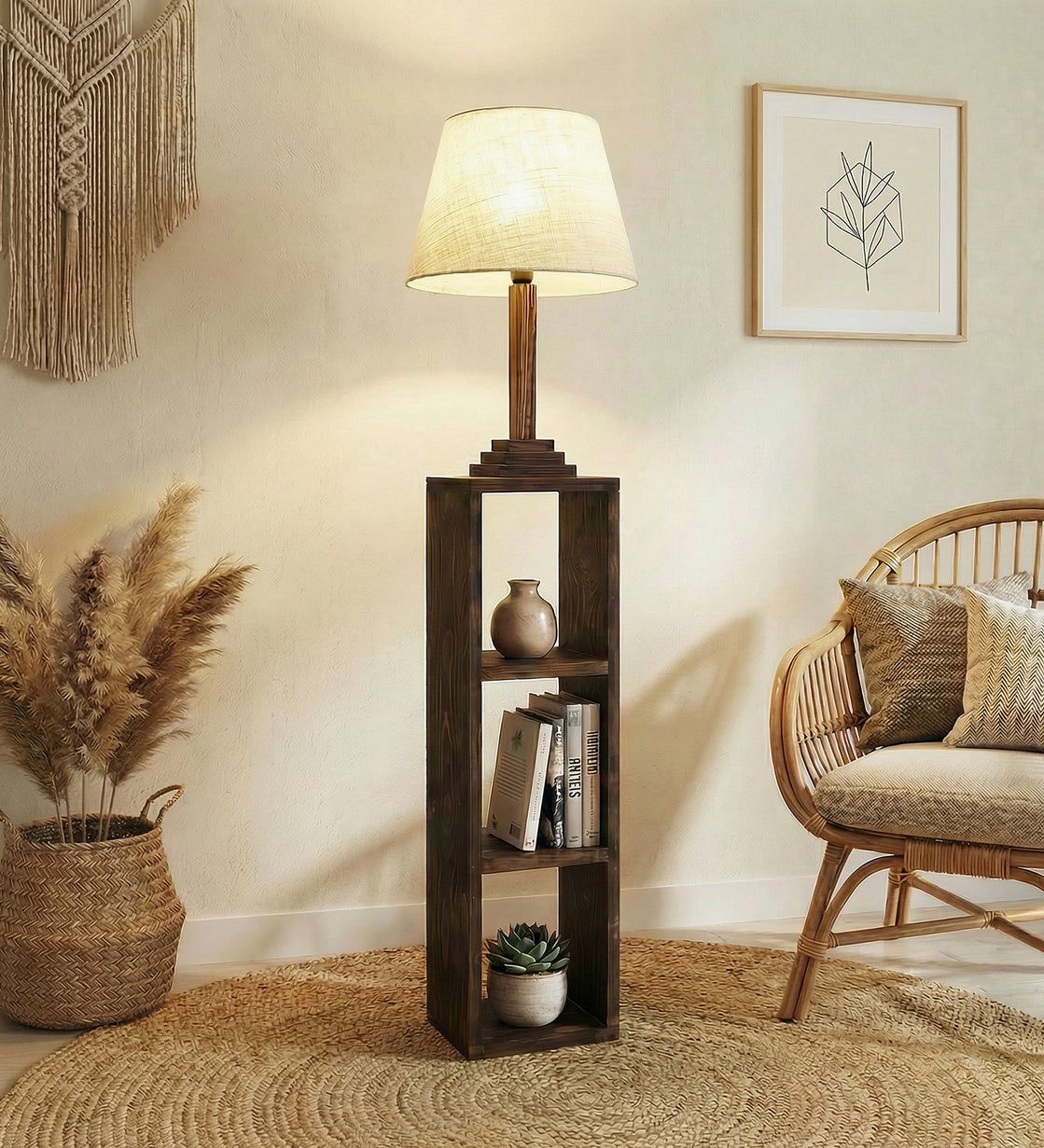 Modern Wooden Shelf Floor Lamp with Fabric Shade | Decorative Standing Lamp with Storage Shelves for Living Room & Bedroom | 60 Inch Tall
