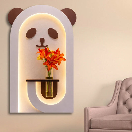 Cute Panda LED Wall Lamp with Wooden Shelf & Glass Vase, Modern Wall Decor Light with Warm White Glow for Living Room, Bedroom & Kids Room