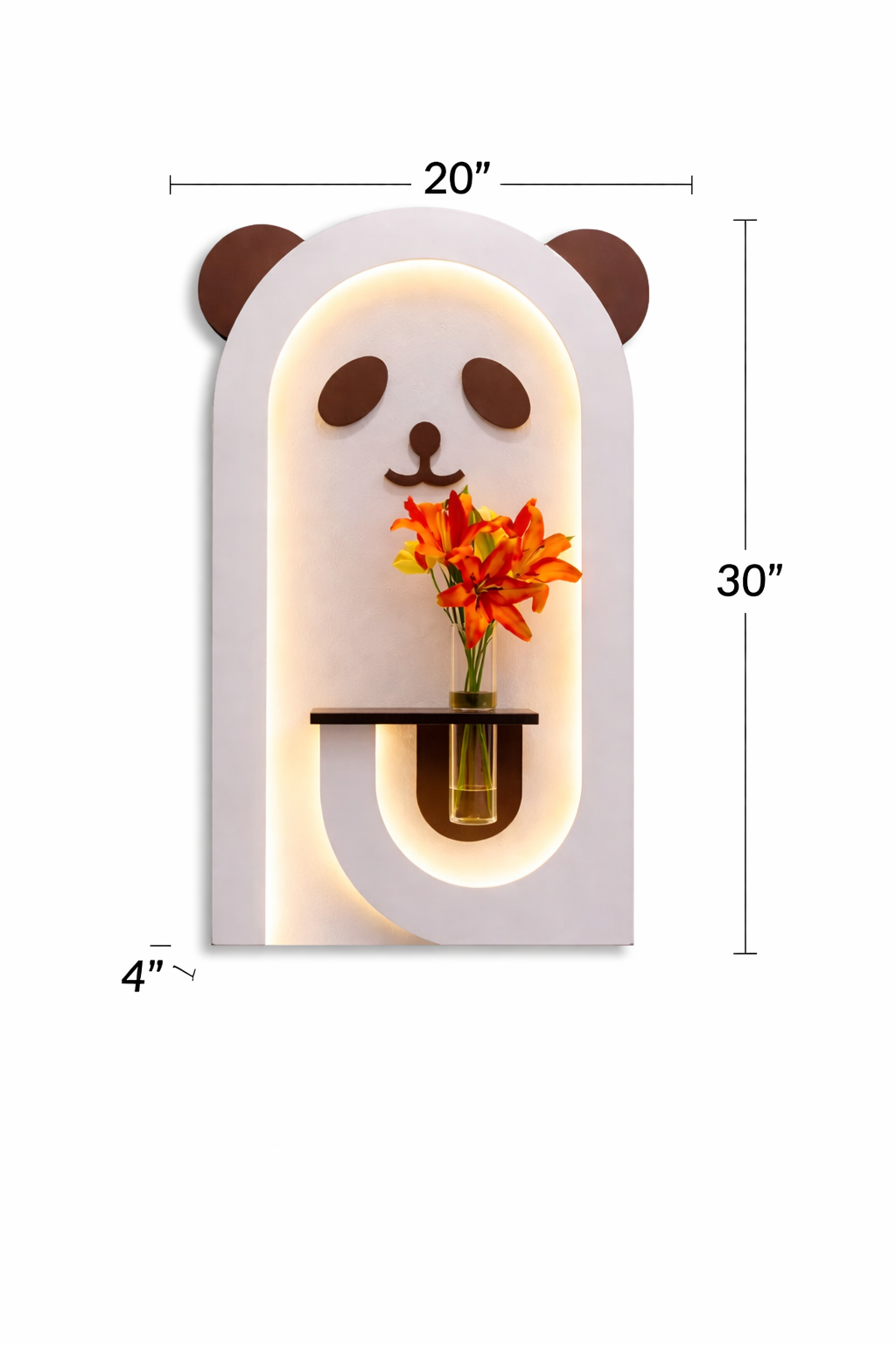 Cute Panda LED Wall Lamp with Wooden Shelf & Glass Vase, Modern Wall Decor Light with Warm White Glow for Living Room, Bedroom & Kids Room