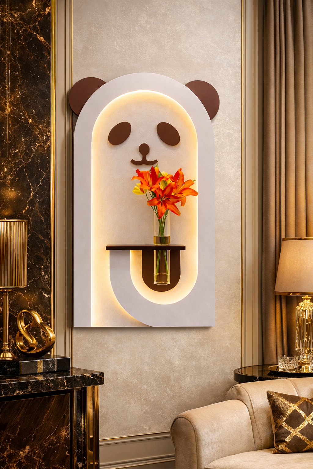 Cute Panda LED Wall Lamp with Wooden Shelf & Glass Vase, Modern Wall Decor Light with Warm White Glow for Living Room, Bedroom & Kids Room