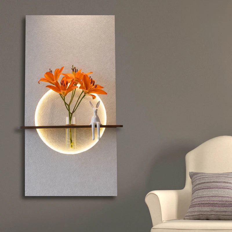 Modern LED Wall Light with Wooden Shelf & Glass Vase, Warm White Circular Wall Lamp for Living Room, Bedroom & Home Decor