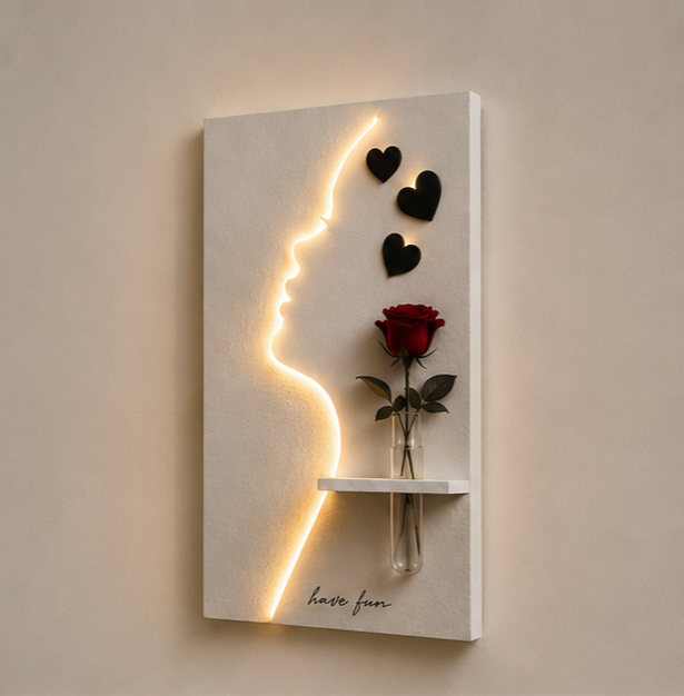Aesthetic Neon Face Wall Art with Floating Shelf & Heart Decor