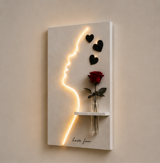 Aesthetic Neon Face Wall Art with Floating Shelf & Heart Decor