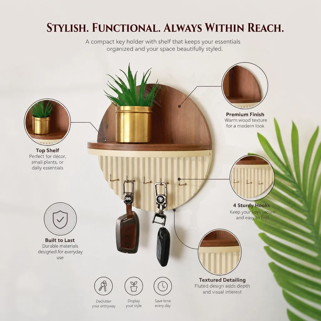 Modern Round Wooden Key Holder with Shelf | Walnut Finish